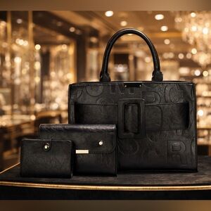 Black Embossed 3-Pc Handbag Set – Structured Tote, Wallet & Clutch Luxury Look